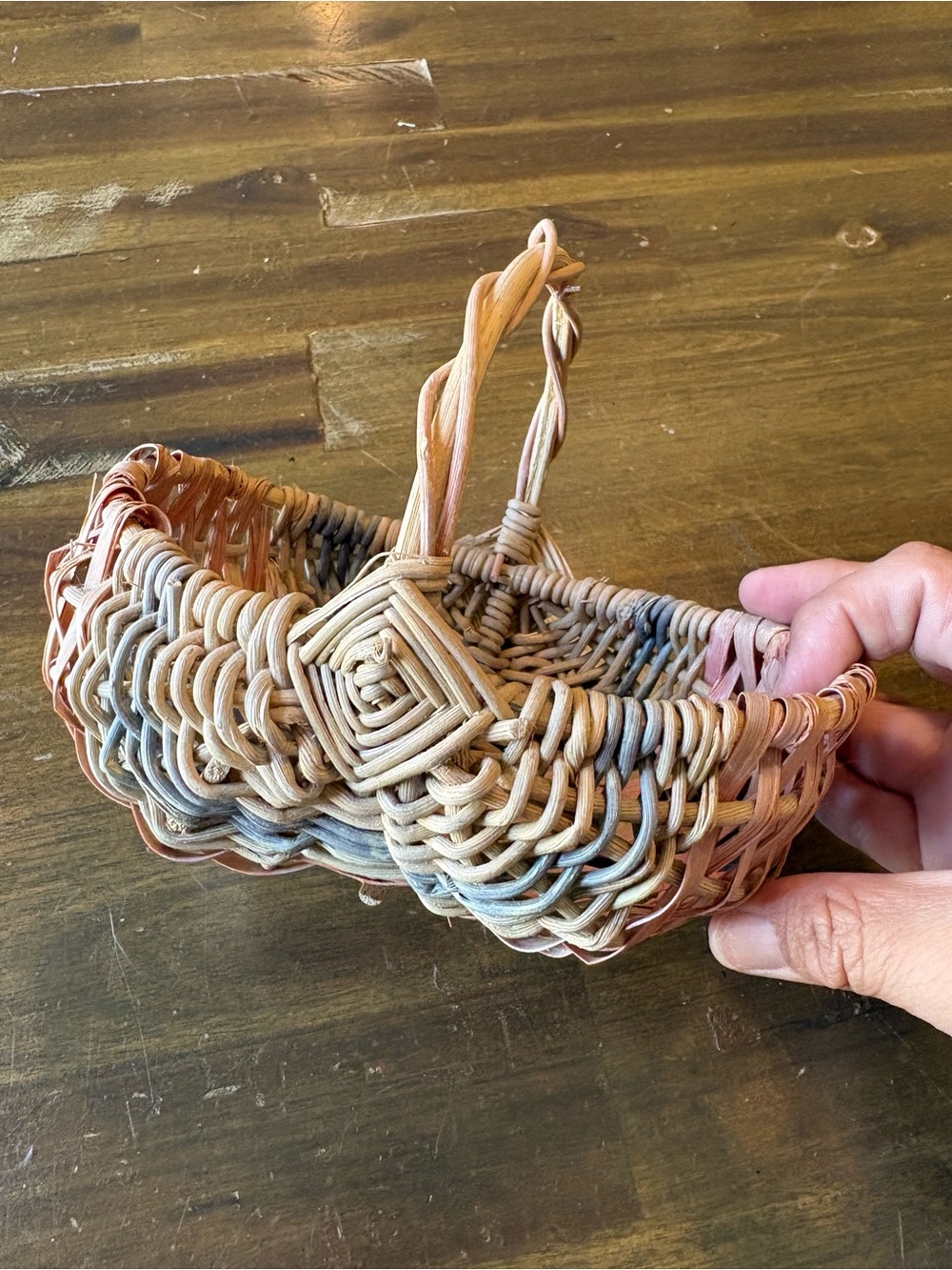 Vintage Miniature Small Woven Basket Buttocks Gods Eye Pink Blue Tri Color